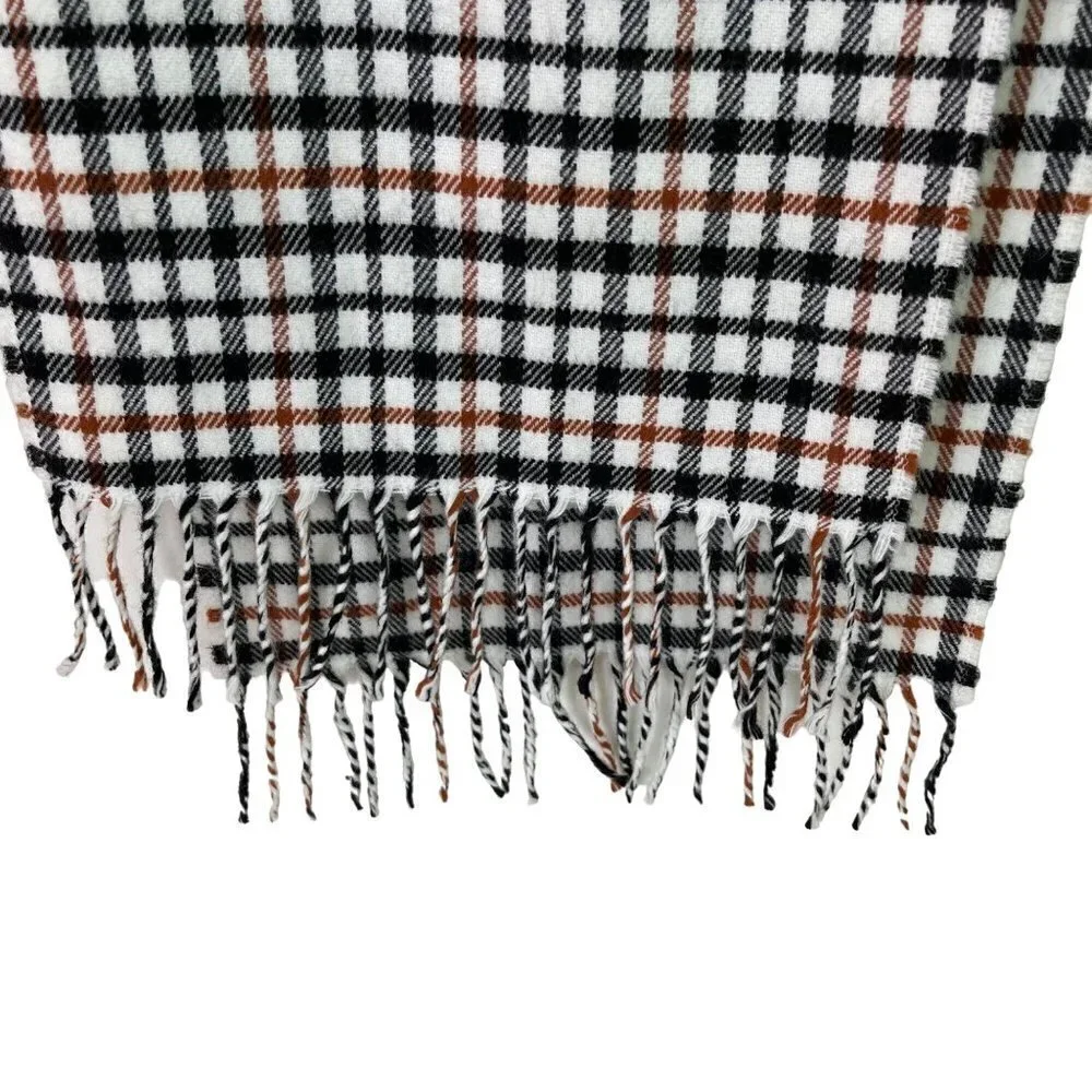 Lambswool Womens Scarf Plaid Made In Italy Fringe White Black Brown Rectangle